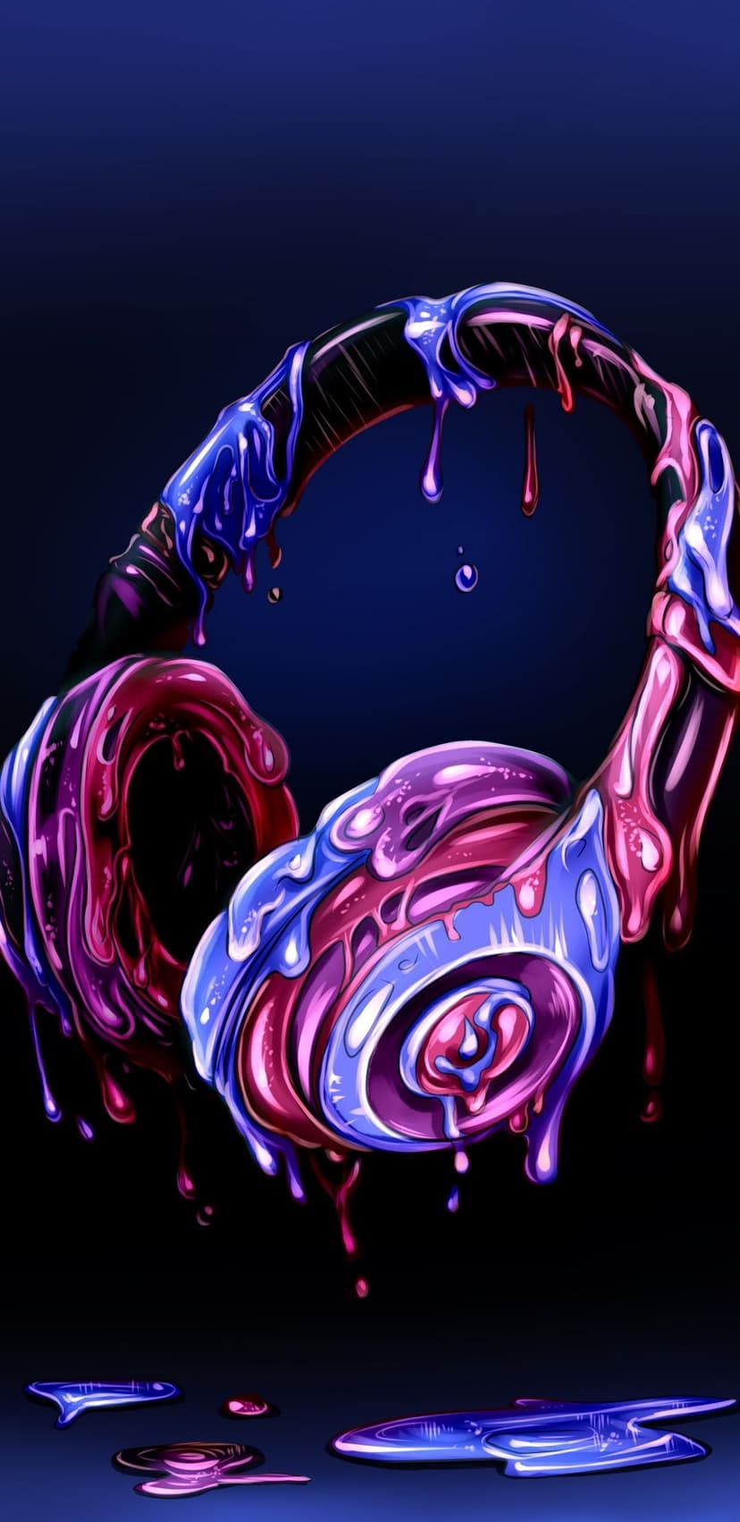 Glowing blue and pink headphones melt into luminous fluid drops against a dark navy gradient backdrop.