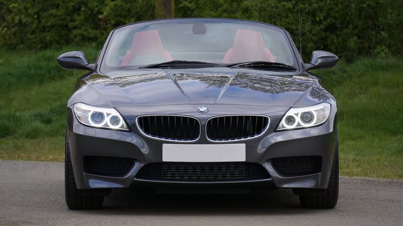 Gray BMW Z4 convertible with a red interior and kidney grille parked against a blurred green forest background.