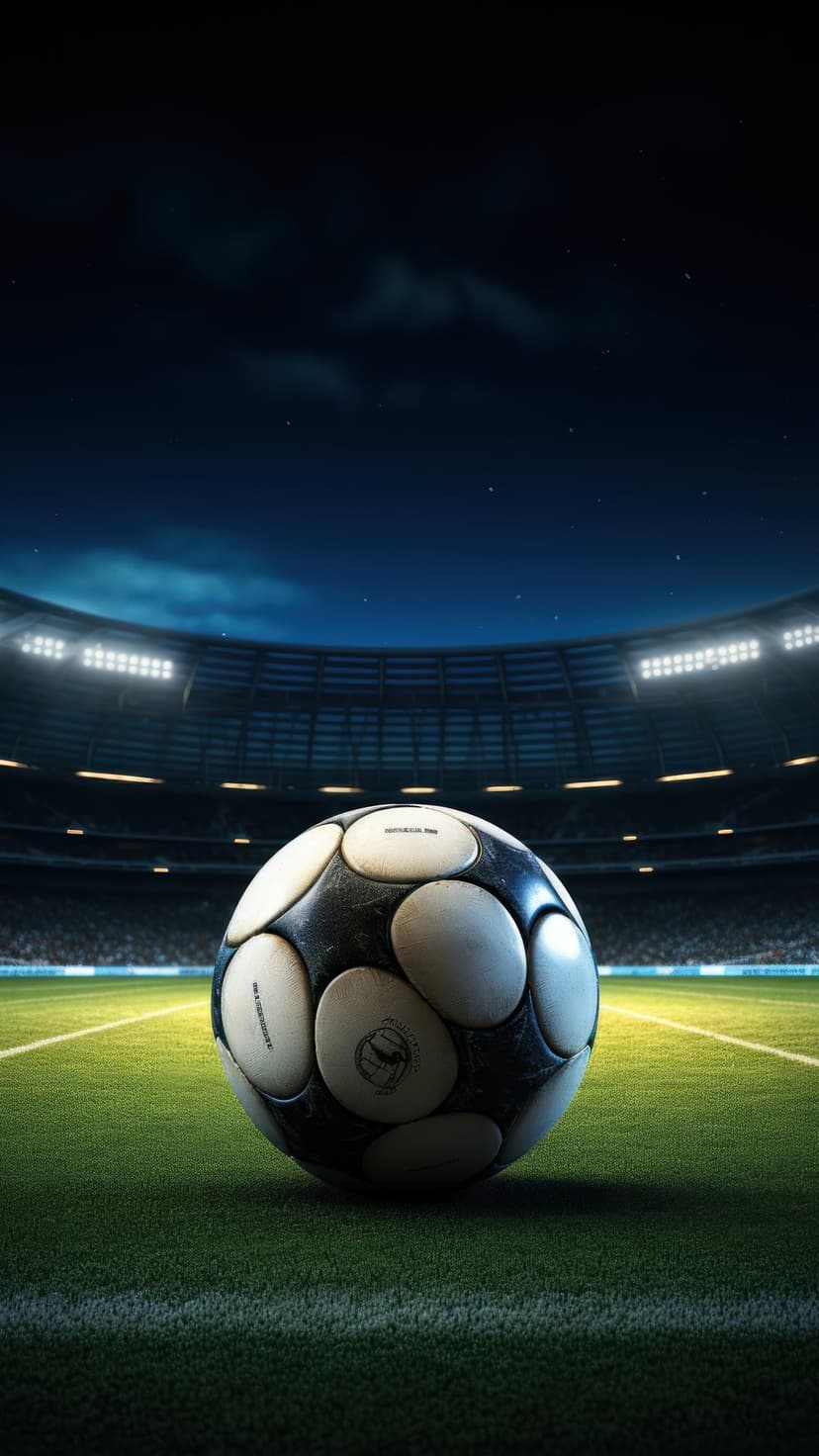 Black and white soccer ball on green grass under bright stadium floodlights against a dark night sky.