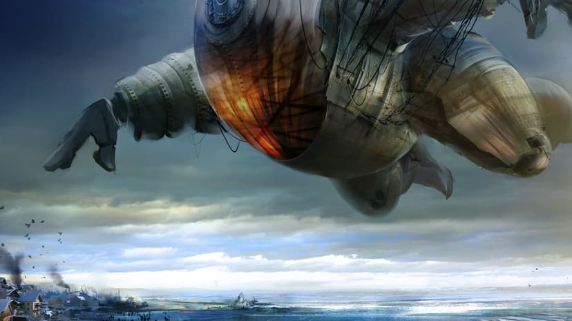 Giant metallic airship with a glowing orange core hovering over a snowy coastal village under a cloudy sky.