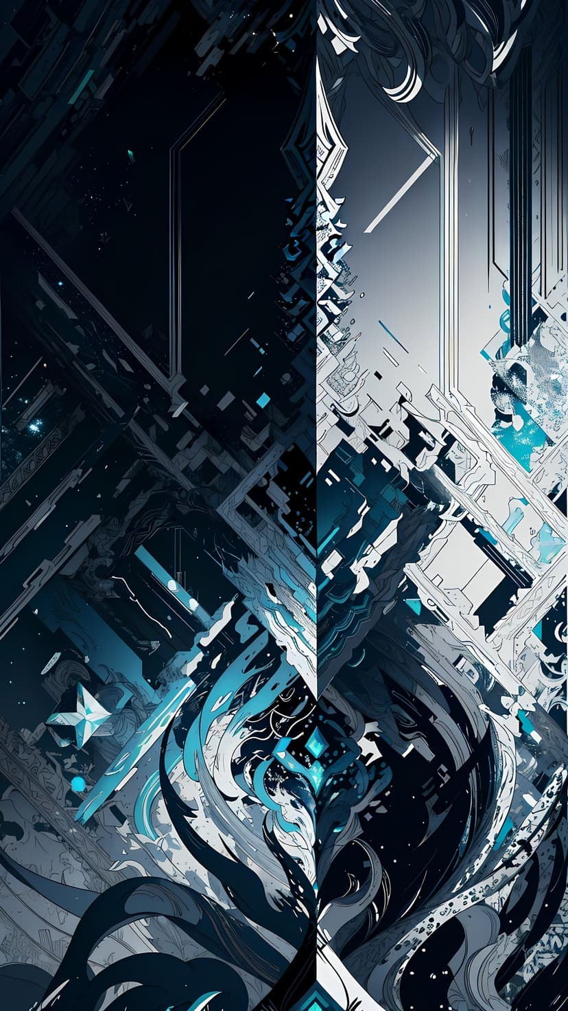 Glowing cyan geometric lines and sharp polygonal shapes intersect against a dark, shadowy void with deep depth.