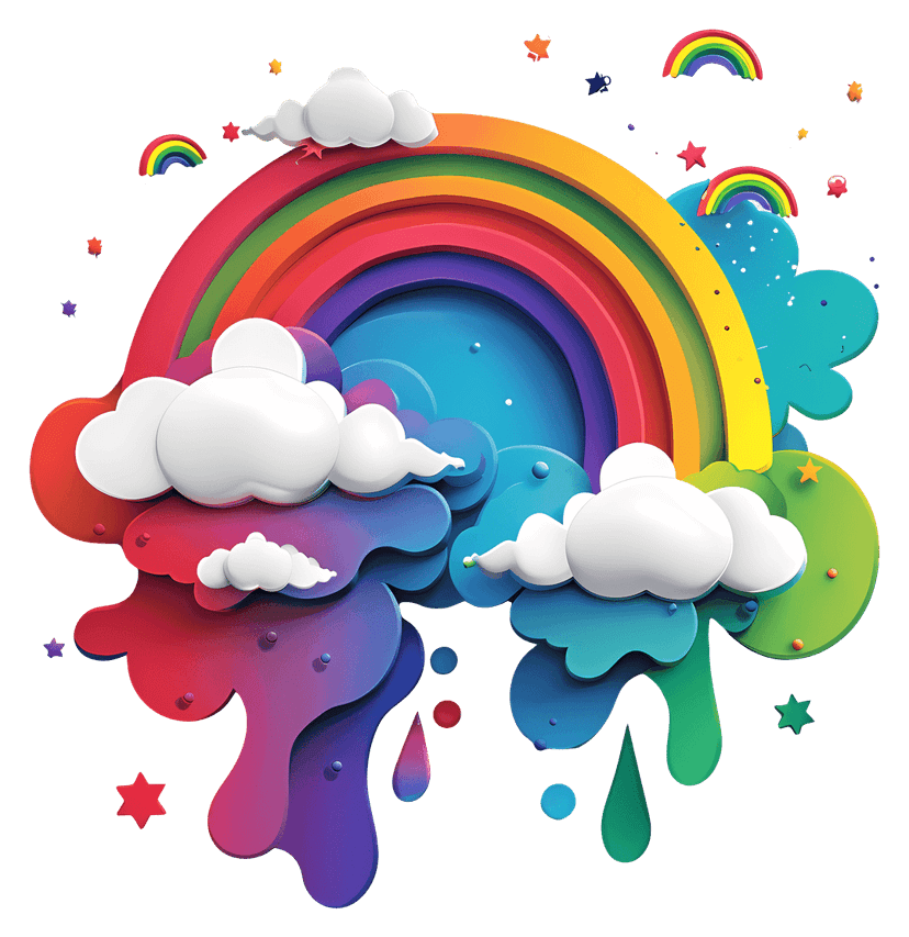 Colorful rainbow arc emerges from two white fluffy clouds against a transparent background in flat vector style.