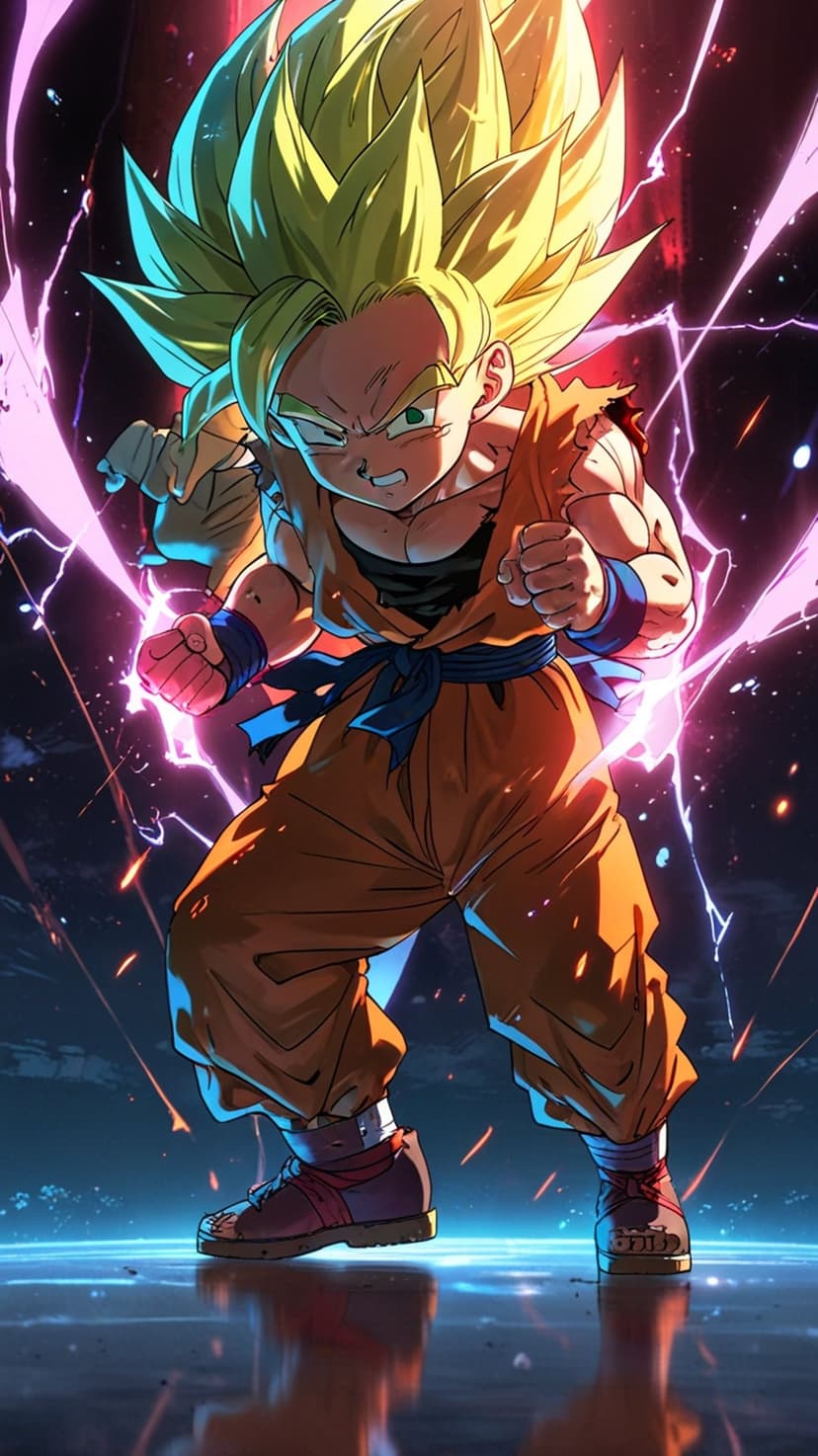 Goku in a powerful martial arts stance surrounded by arcing pink lightning and a glowing golden aura.