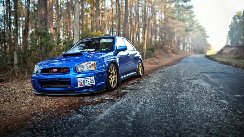 Blue Subaru WRX STI blobeye with gold wheels parked on a narrow road through a pine forest at sunset.