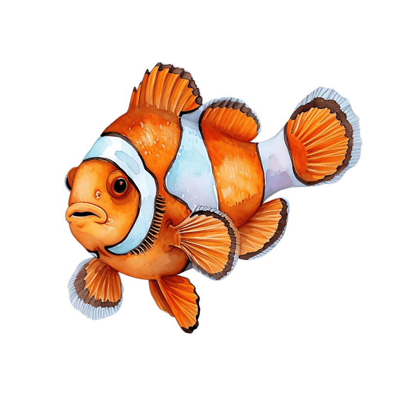 Clownfish watercolor illustration with orange stripes and white bands isolated on a solid black background.