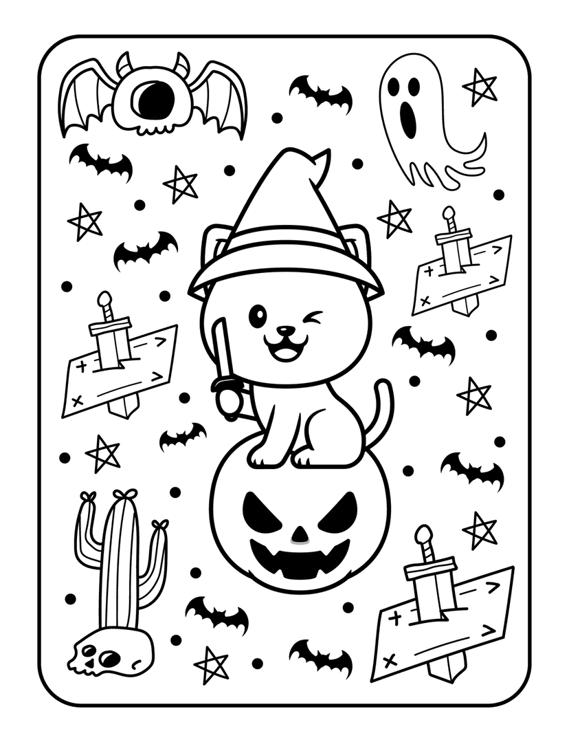 Halloween coloring page features a cat wearing a witch hat on a pumpkin with ghosts, bats, and stars.