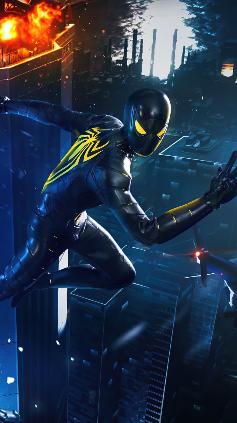 Spider-Man in a black and yellow suit swings past blue neon buildings as a skyscraper burns in the distance.
