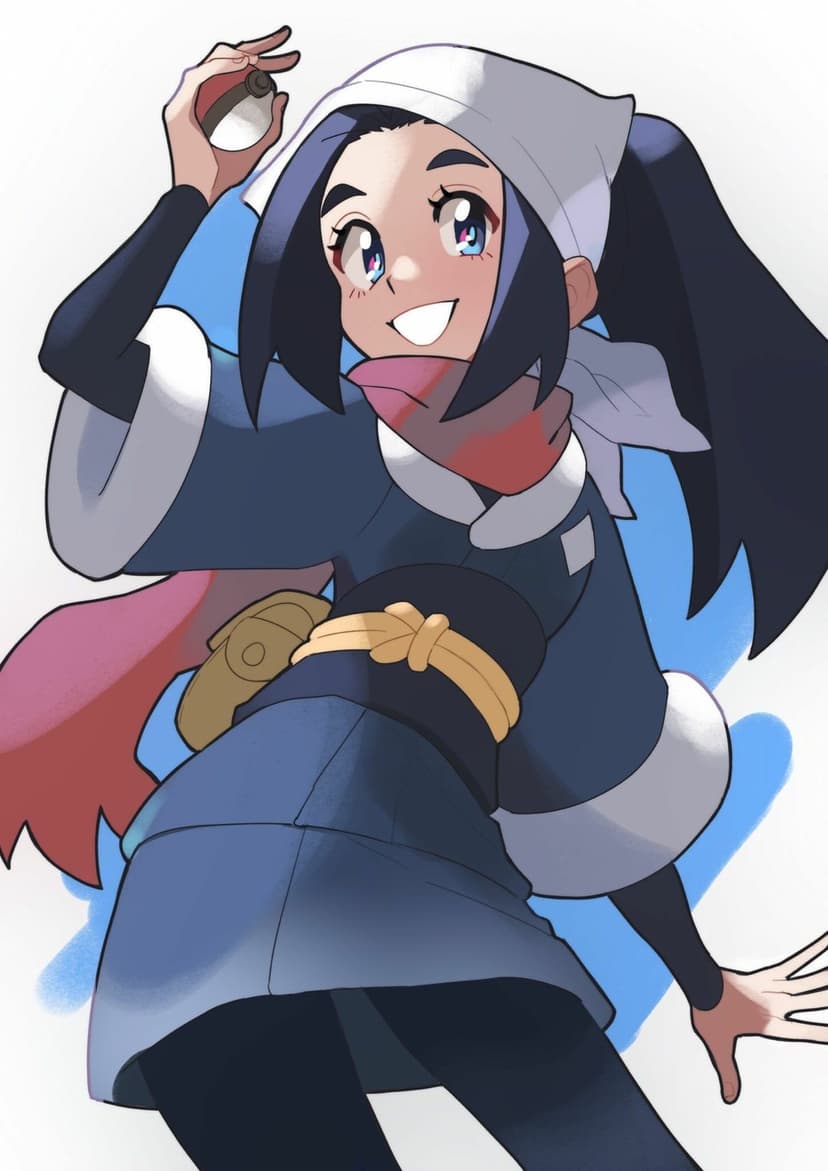 Akari from Pokemon Legends Arceus holding a wooden Pokeball wearing a blue survey corps uniform and red scarf.