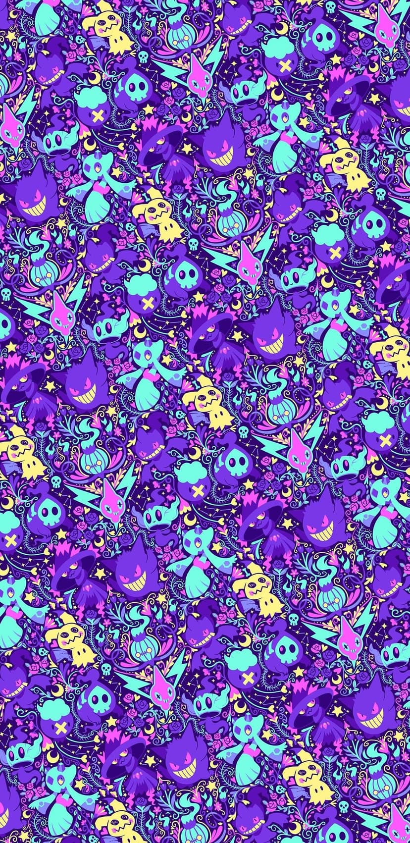 Densely packed pattern of ghost Pokemon like Gengar and Mimikyu in neon purple and teal on a dark background.
