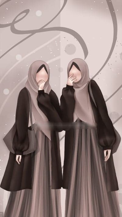 Two hijabi friends in fashionable outfits sharing a moment