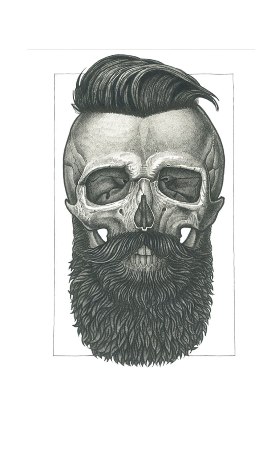 Human skull featuring a thick beard, waxed mustache, and tall pompadour hair with intricate shaded linework.