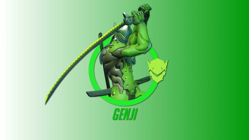 Genji from Overwatch holds a glowing green katana overhead against a circular frame and green gradient background.