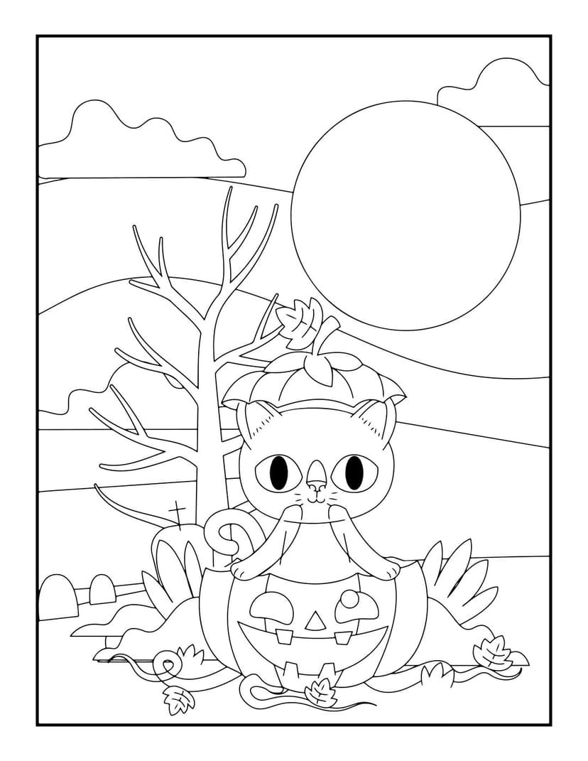 Halloween cat coloring page featuring a feline inside a jack-o-lantern with a moon and graveyard background.