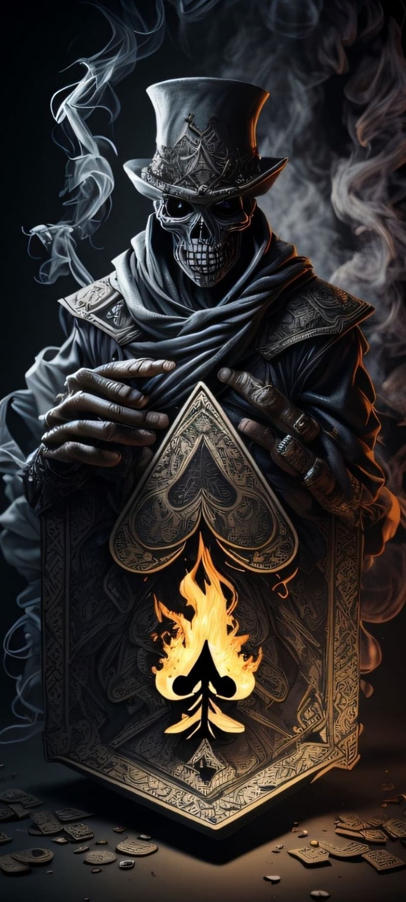 Skeleton king in a top hat holding a giant burning Ace of Spades card amidst swirling smoke and dark shadows.