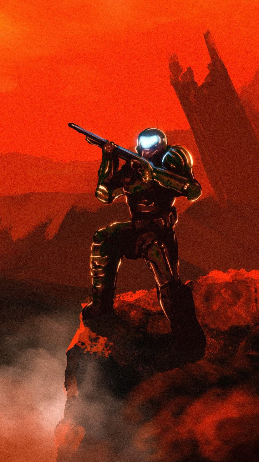 Armored space marine with a glowing visor stands on a jagged rock overlooking a fiery red alien canyon.