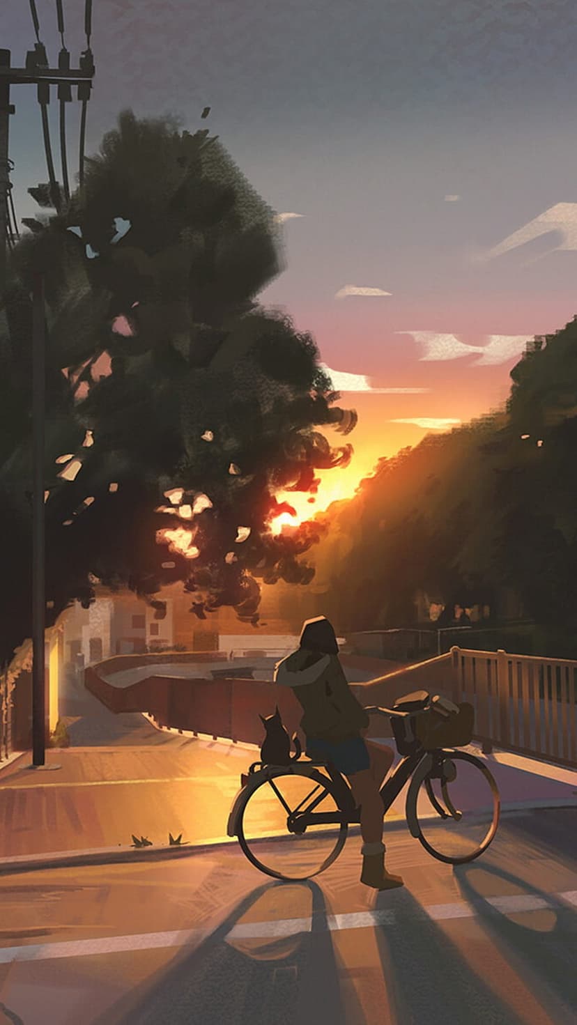 Person standing by a bicycle with a cat on a street, silhouetted against a bright golden sun and orange sky.