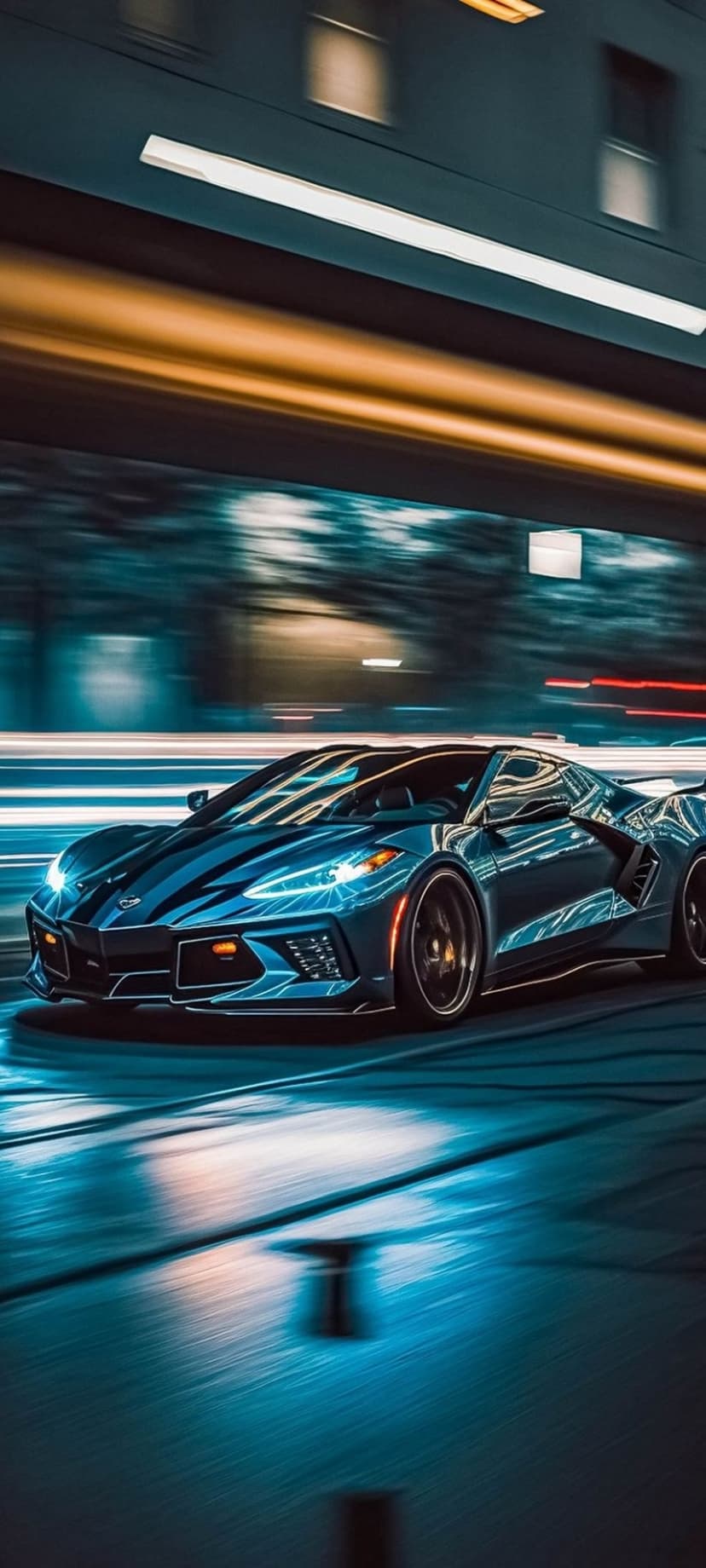 Blue sports car racing through a dark urban environment with vibrant neon light streaks and wet road textures.