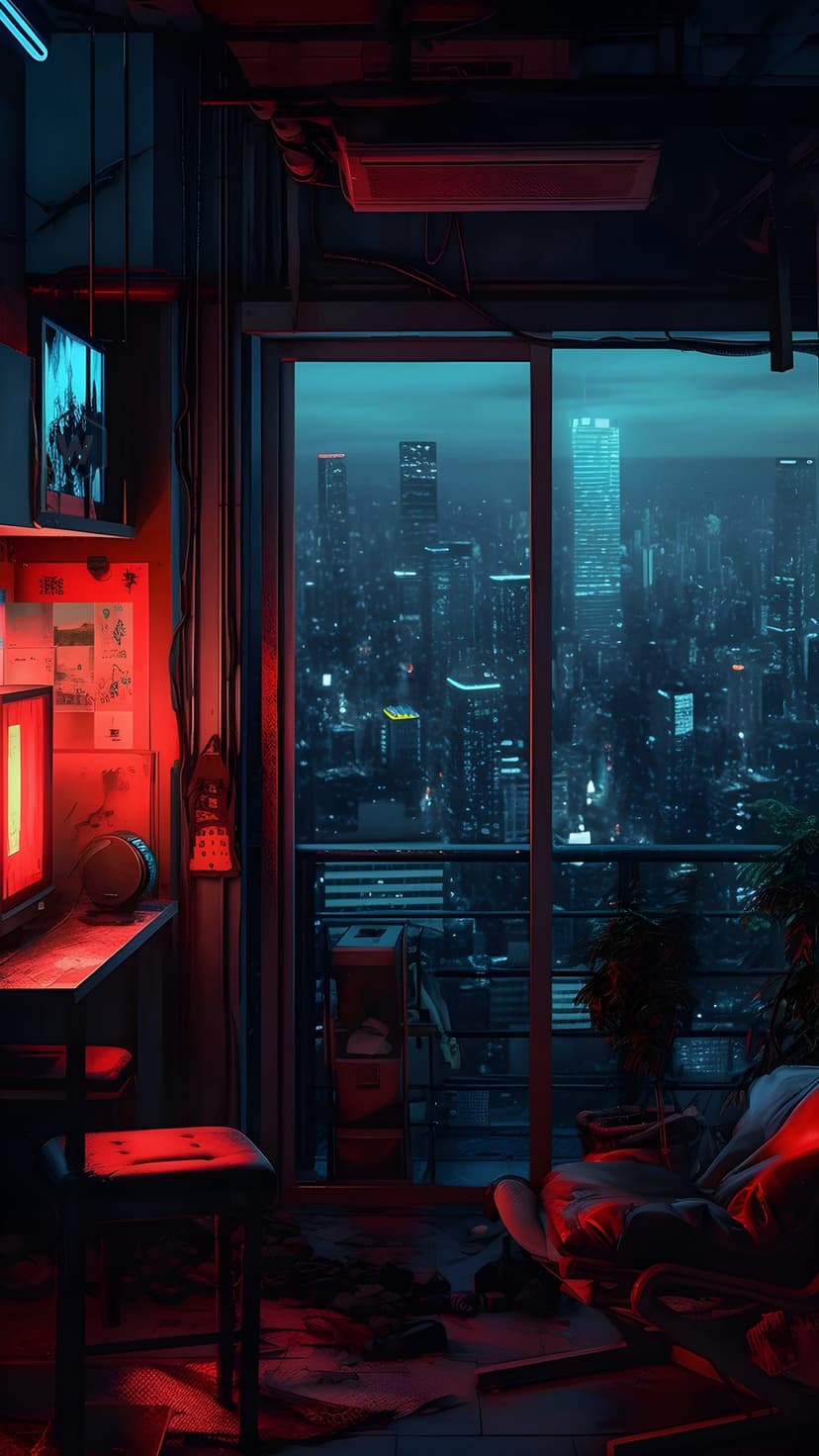 Cyberpunk apartment window faces a dark city with red and blue neon skyscrapers and a glowing computer monitor.