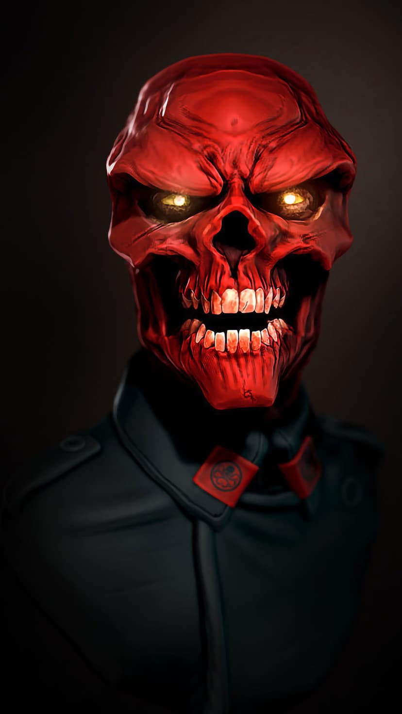 Red Skull features a crimson skeletal face, glowing yellow eyes, and a dark uniform with a red Hydra insignia.