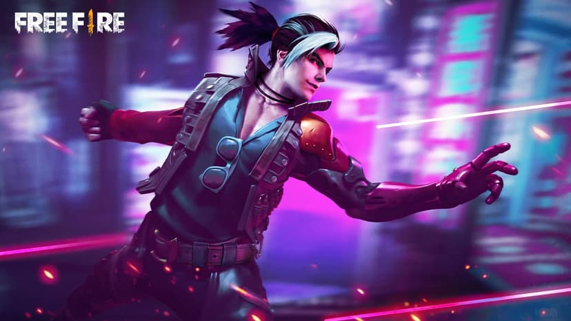 Hayato from Free Fire in a dynamic action pose against a neon pink and purple futuristic city background.