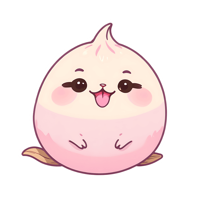 Pink bao dumpling sticker character smiling with a glossy gradient and thick white border on a plain background.