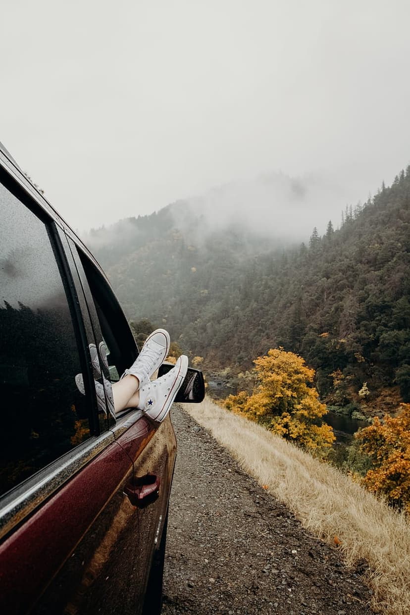 White sneakers hang from a car window overlooking a foggy dirt road lined with yellow autumn trees and mountains.
