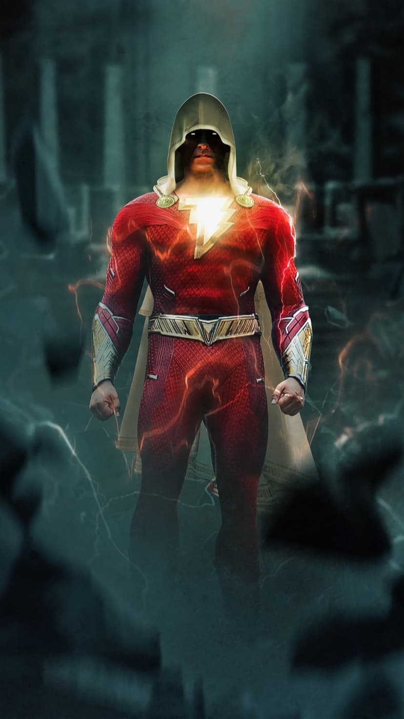 Shazam wearing a hooded red costume stands amidst crackling blue electricity and dark cinematic storm clouds.
