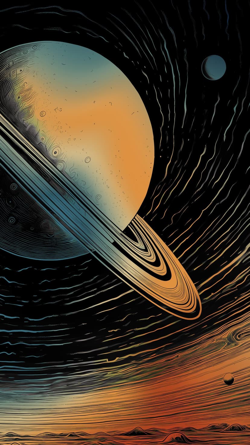 Saturn with detailed rings floats above a fiery striped horizon and a small moon in a dark, stylized space.