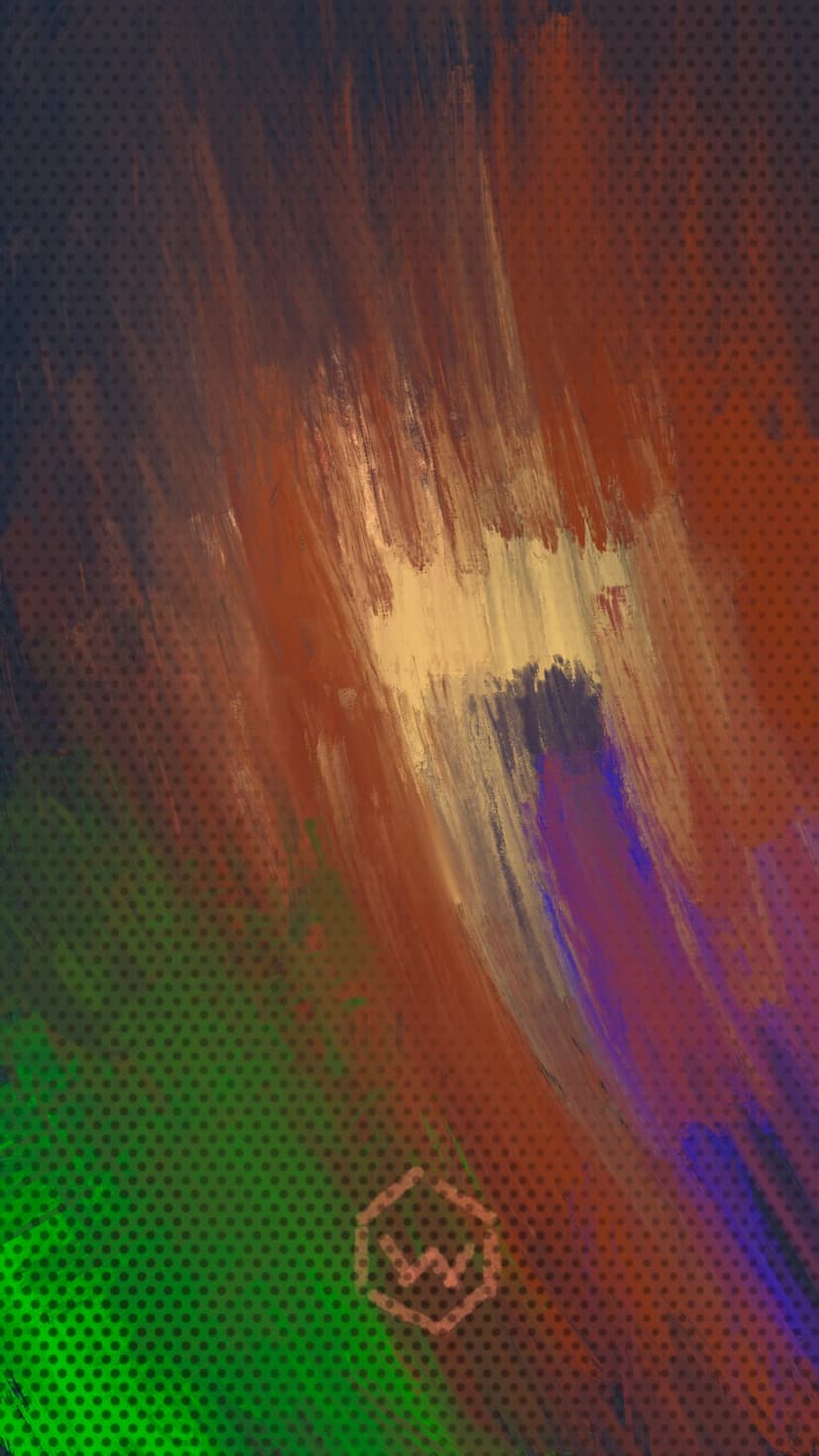 Thick brown and cream paint strokes sweep across a red and green textured background with a small hexagonal logo.