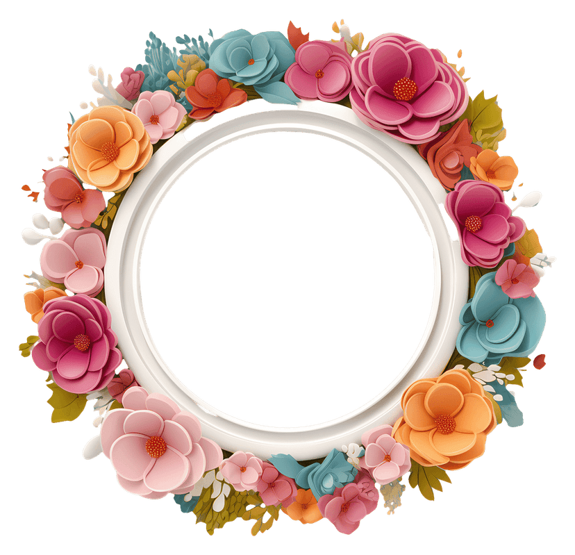 Circular floral border featuring vibrant watercolor wildflowers and green leaves arranged in a symmetrical ring.
