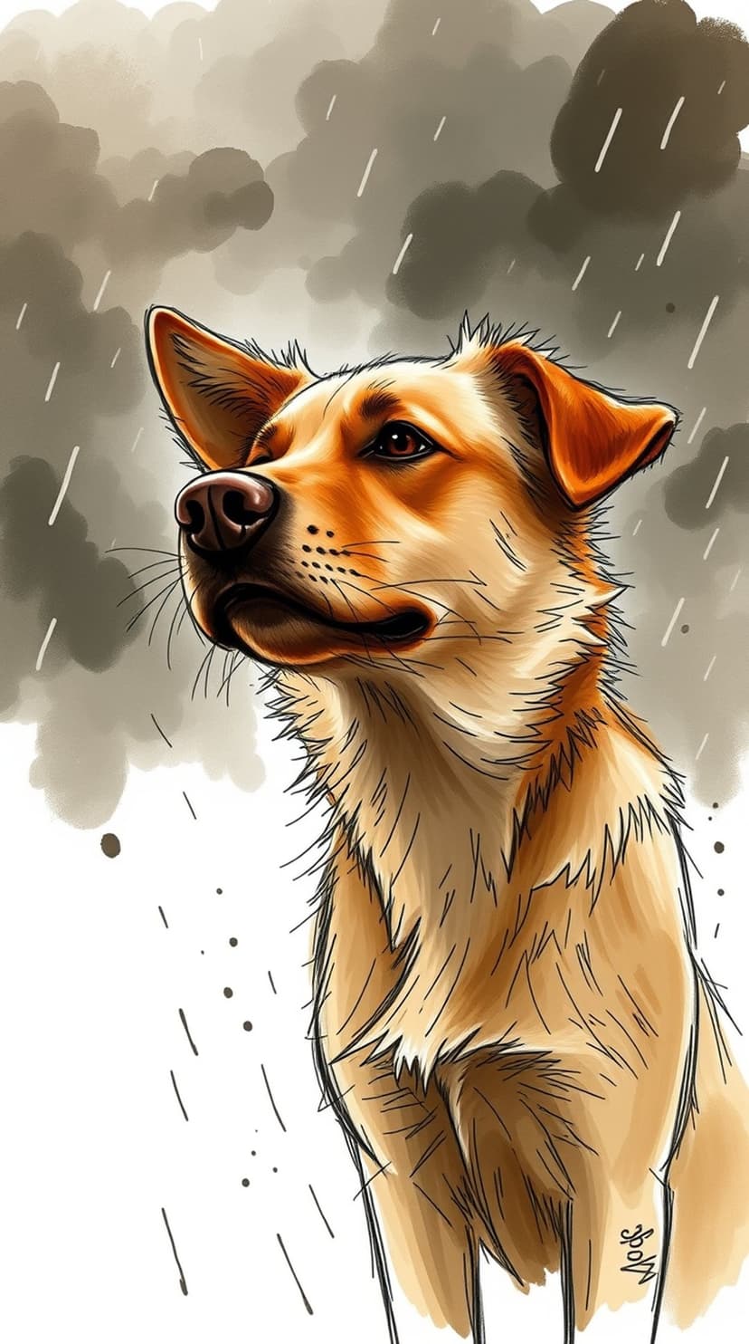 Light brown dog with perked ears looks upward toward falling rain and dark clouds with a pensive expression.