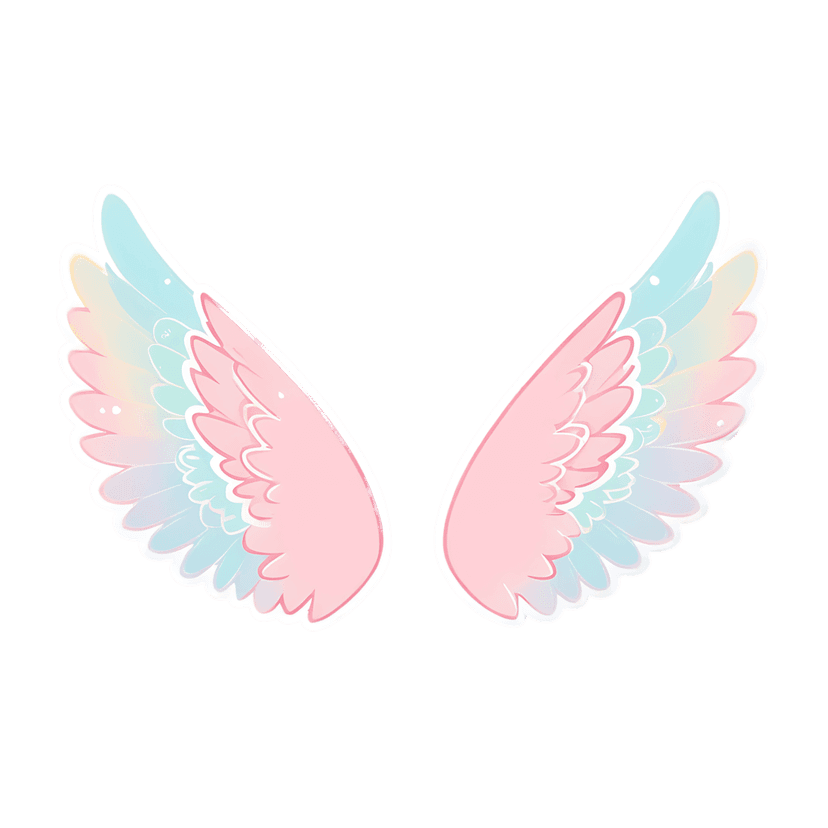 Angel wings sticker featuring pastel rainbow gradient feathers with a thick white border on a clear background.