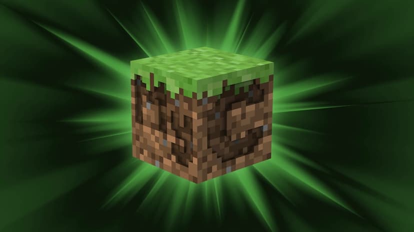 3D pixelated grass block centered against a dark green background with bright radial light rays.