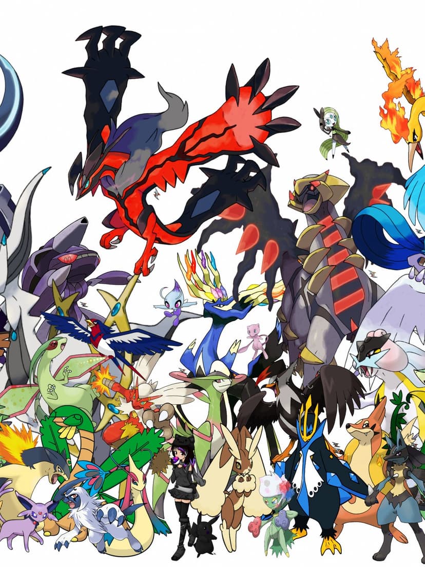 A girl trainer standing amidst a large group of Pokemon including Yveltal, Xerneas, and Giratina on a white background.