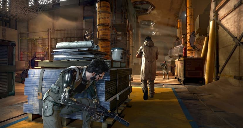Augmented man in tactical gear crouches with a silenced handgun inside a hazy, golden-lit industrial hallway.