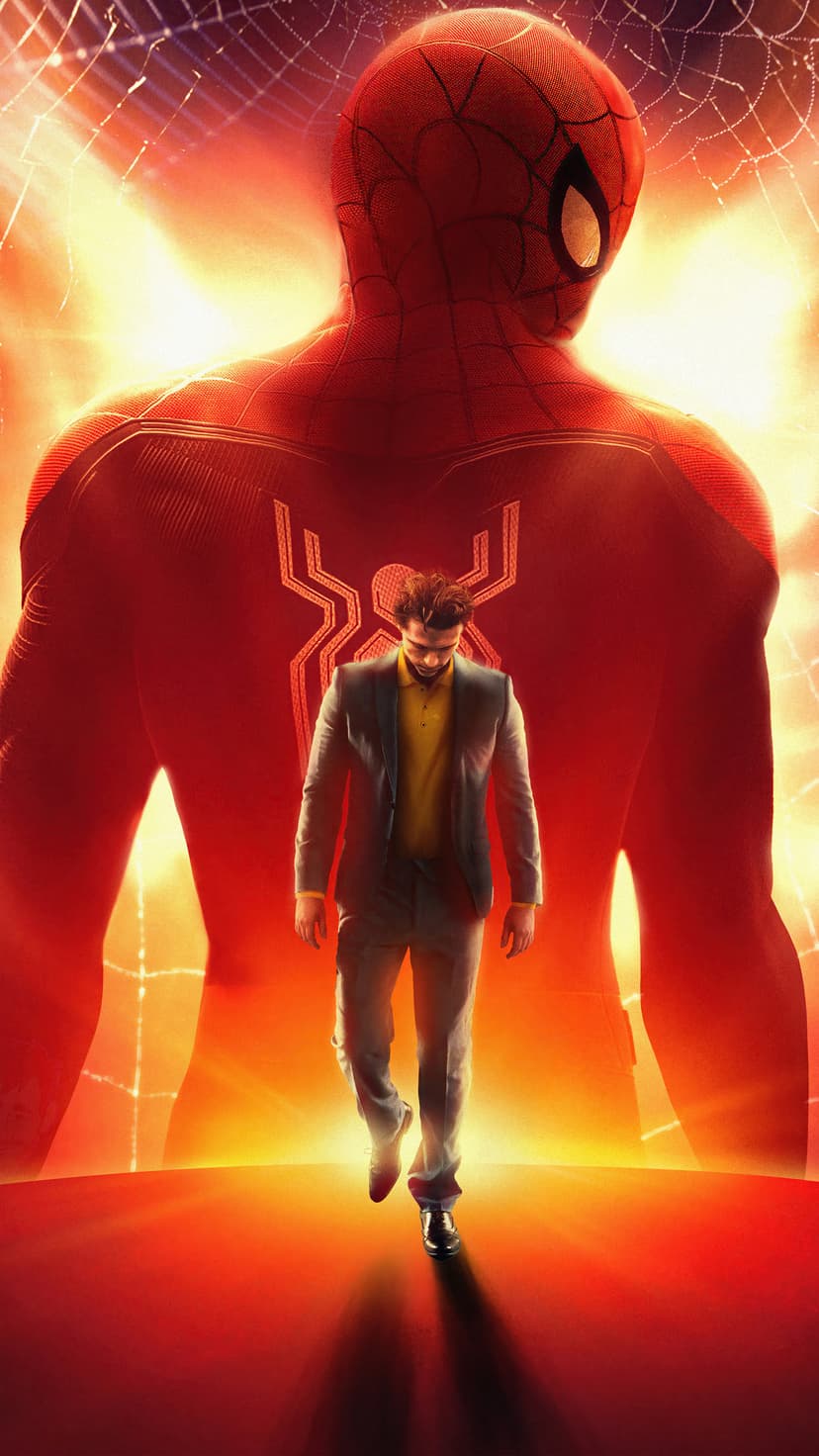 Peter Parker in a suit walks away as a giant Spider-Man silhouette with a white emblem looms in red light.