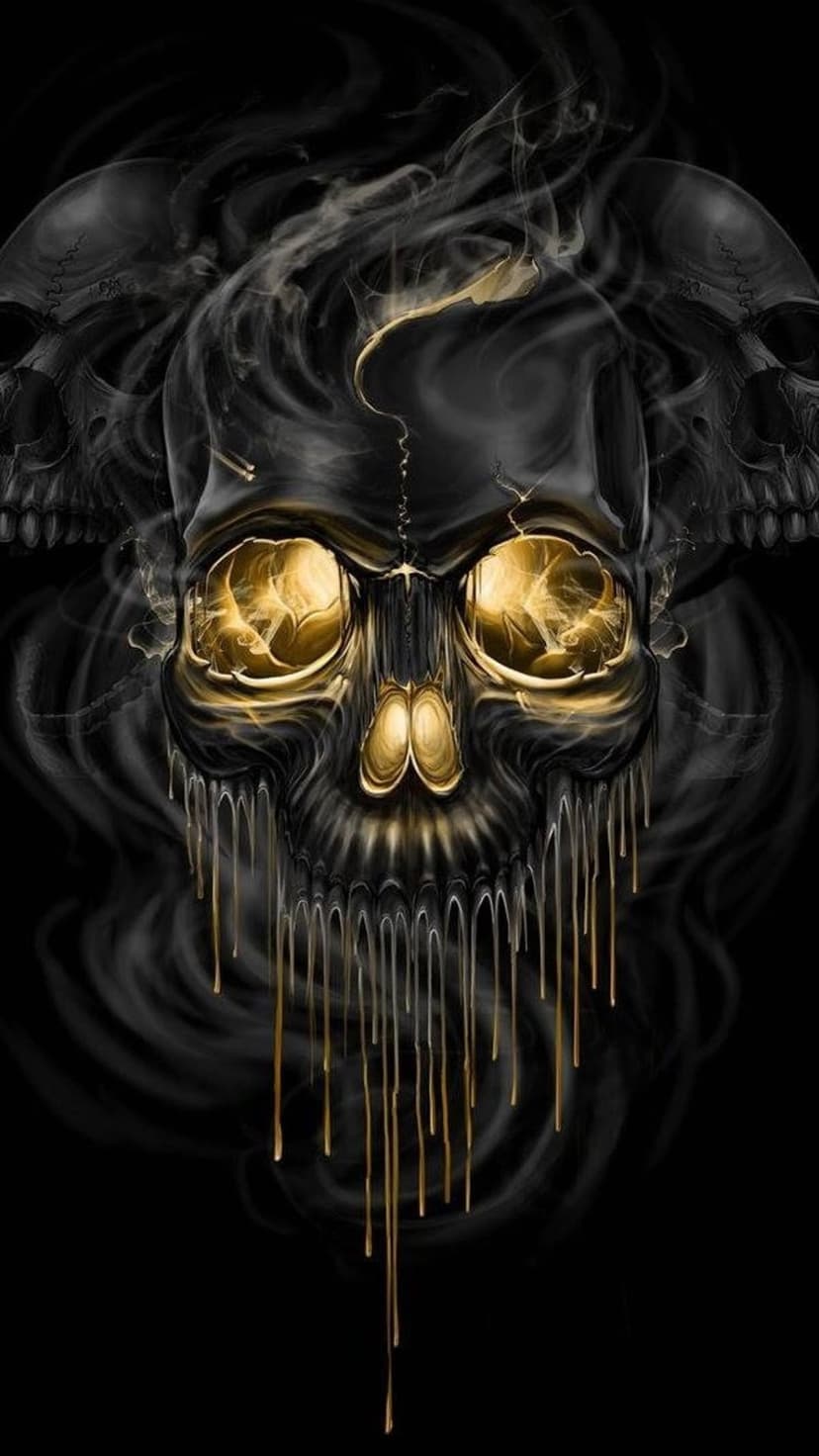 Golden skull with liquid metal tears and glowing eyes surrounded by dark wispy smoke and faint skulls.