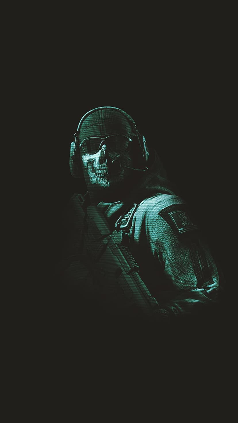 Tactical operator wearing a skull mask and military headset with glowing green digital eyes in a dark setting.
