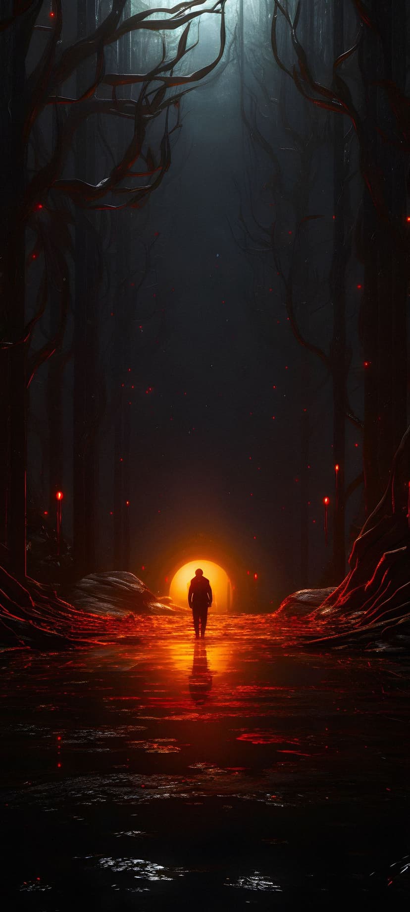 Lone silhouette walks toward a swirling orange portal on a wet path within a dark, ember-filled forest at night.