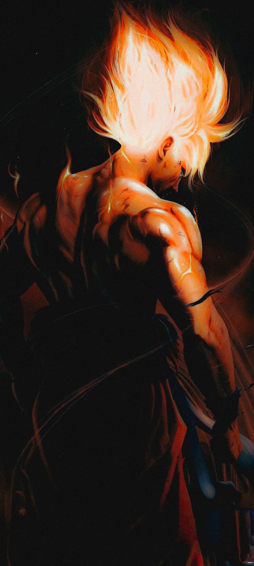 Goku stands with flowing hair made of golden flames and a vibrant orange aura against a dark background.