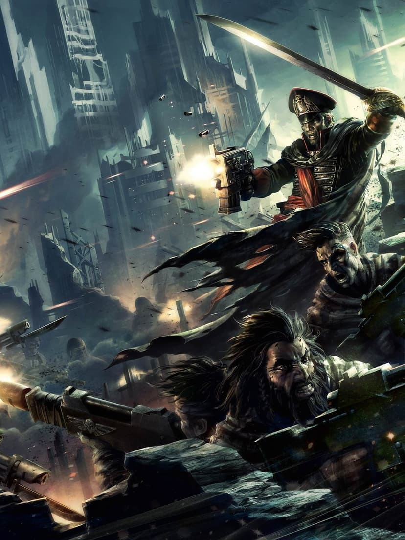A military commissar fires a pistol while wielding a glowing sword amidst a ruined city battle scene.