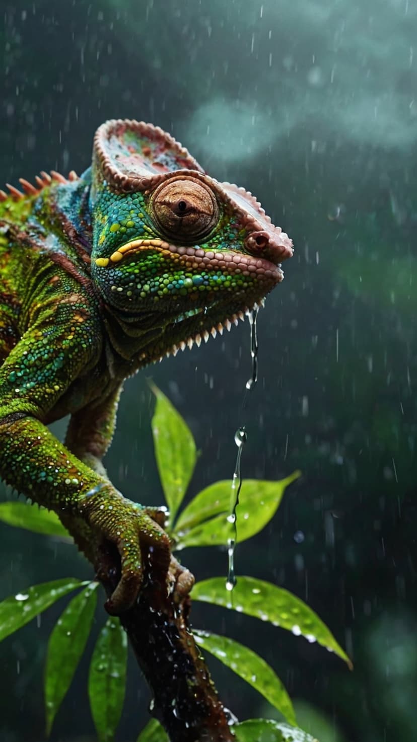 Green chameleon with textured skin perches on a rain-slicked branch with glistening water droplets and bokeh.