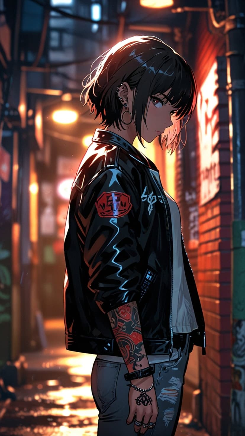 Anime girl with short black hair and arm tattoos wearing a leather jacket in a dimly lit urban alleyway at night.