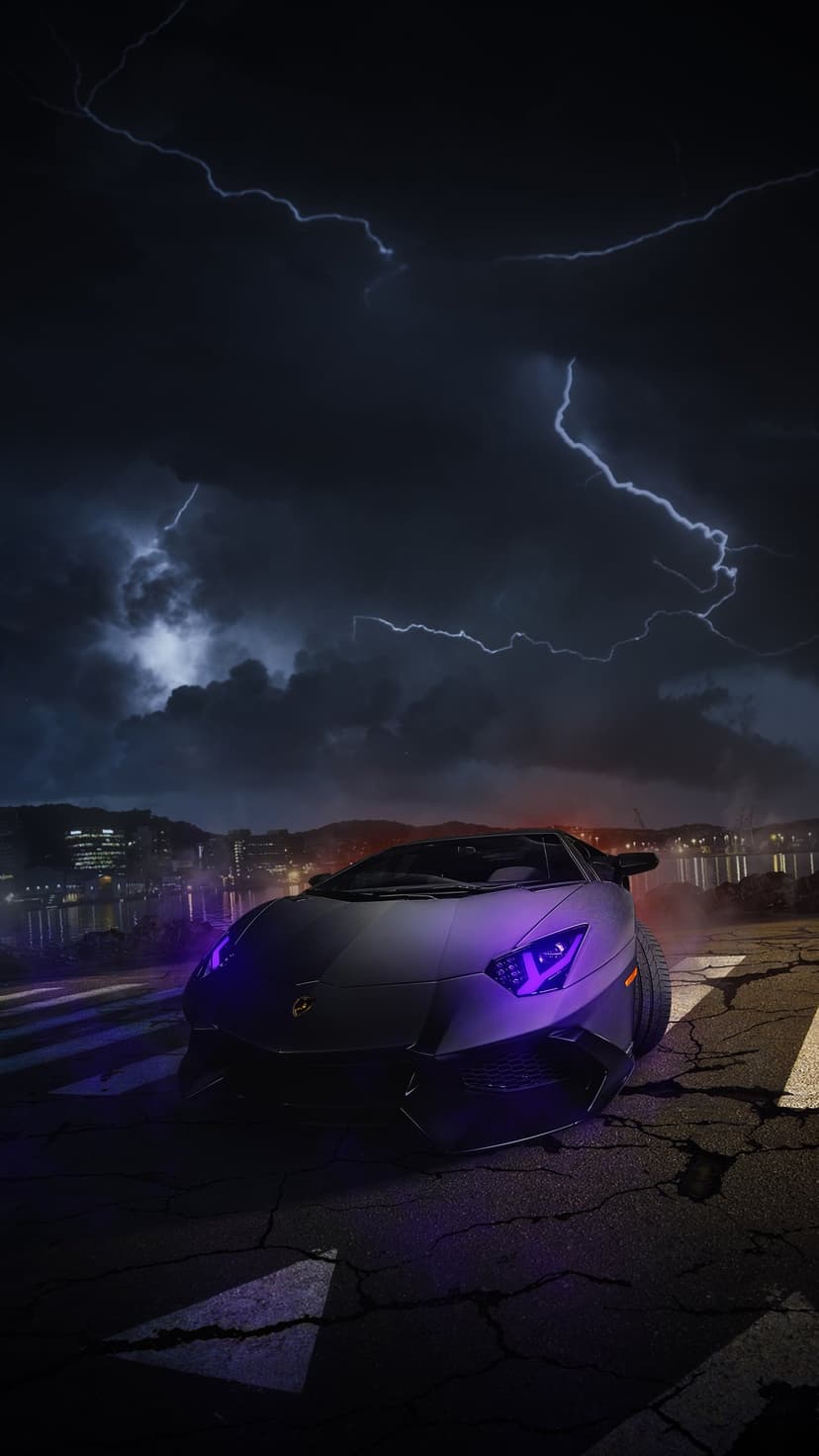Matte black Lamborghini Aventador with purple headlights parked on cracked road during a lightning storm at night.