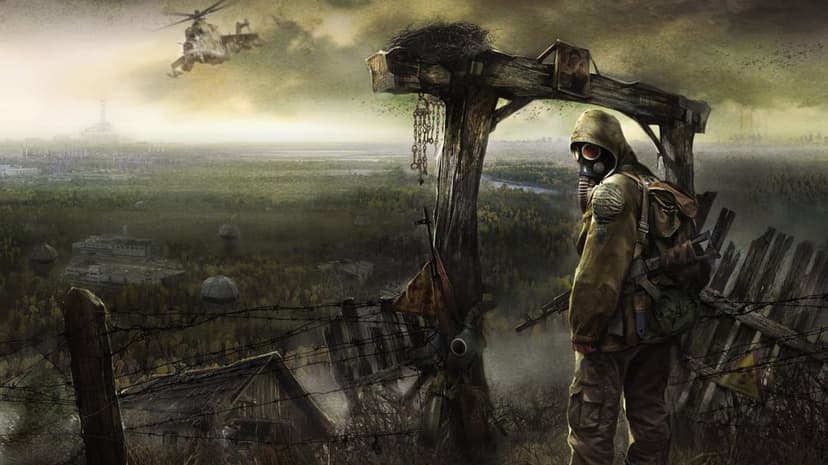 Survivor in a gas mask overlooks a desolate exclusion zone with a distant power plant and helicopter.