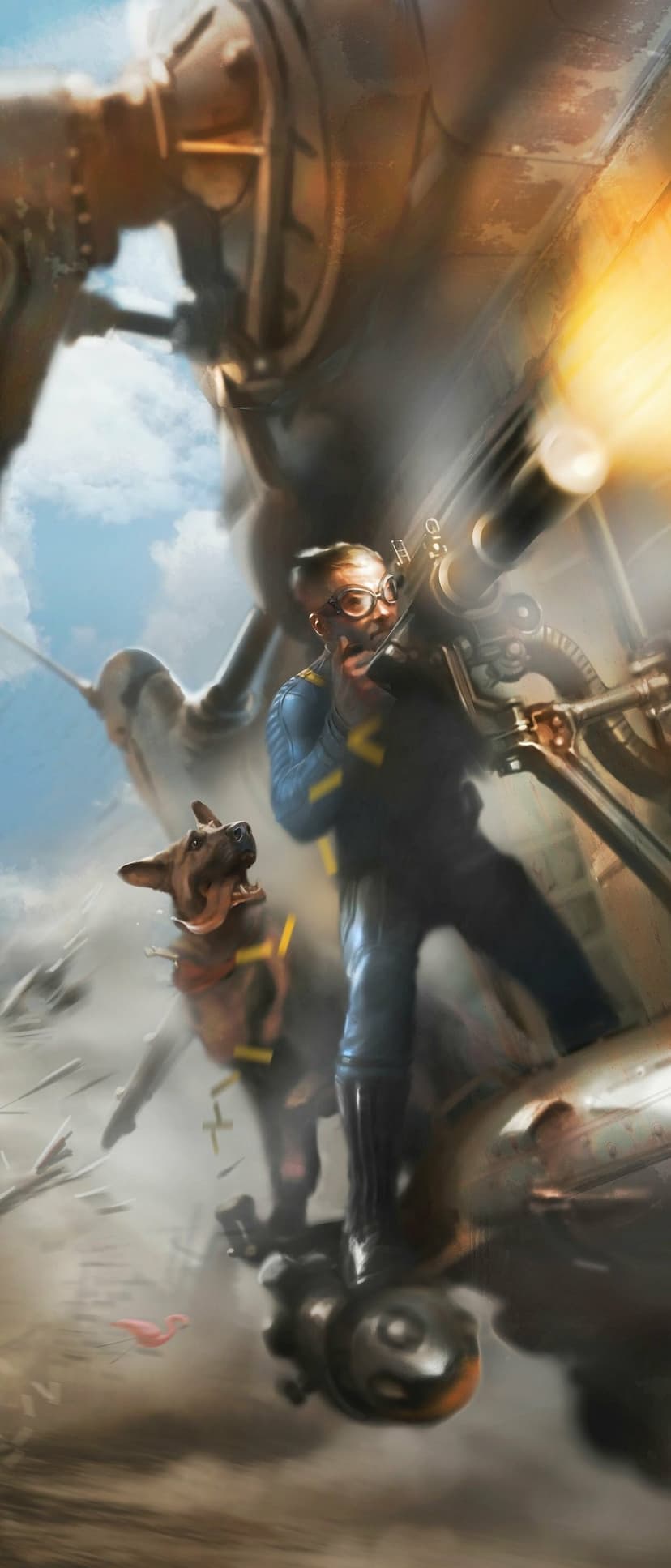 A man in a blue vault suit and a German Shepherd fire a heavy turret from a Vertibird aircraft in a bright sky.