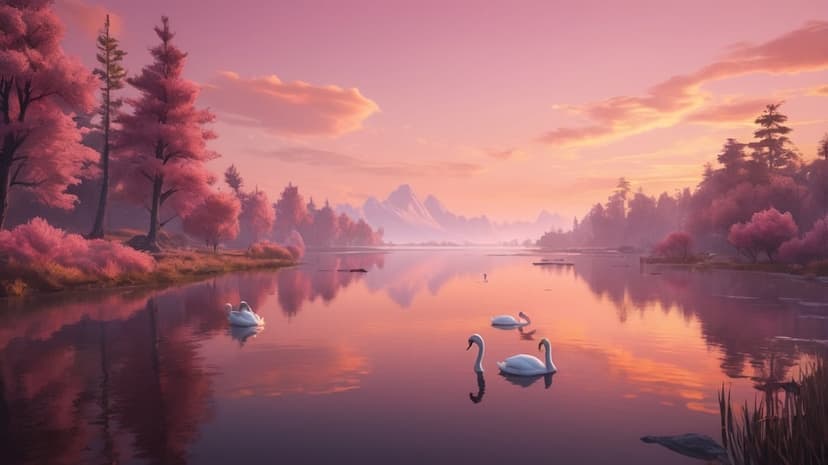 White swans glide on a calm pink lake surrounded by rose-toned trees and mountains during a vibrant sunset.