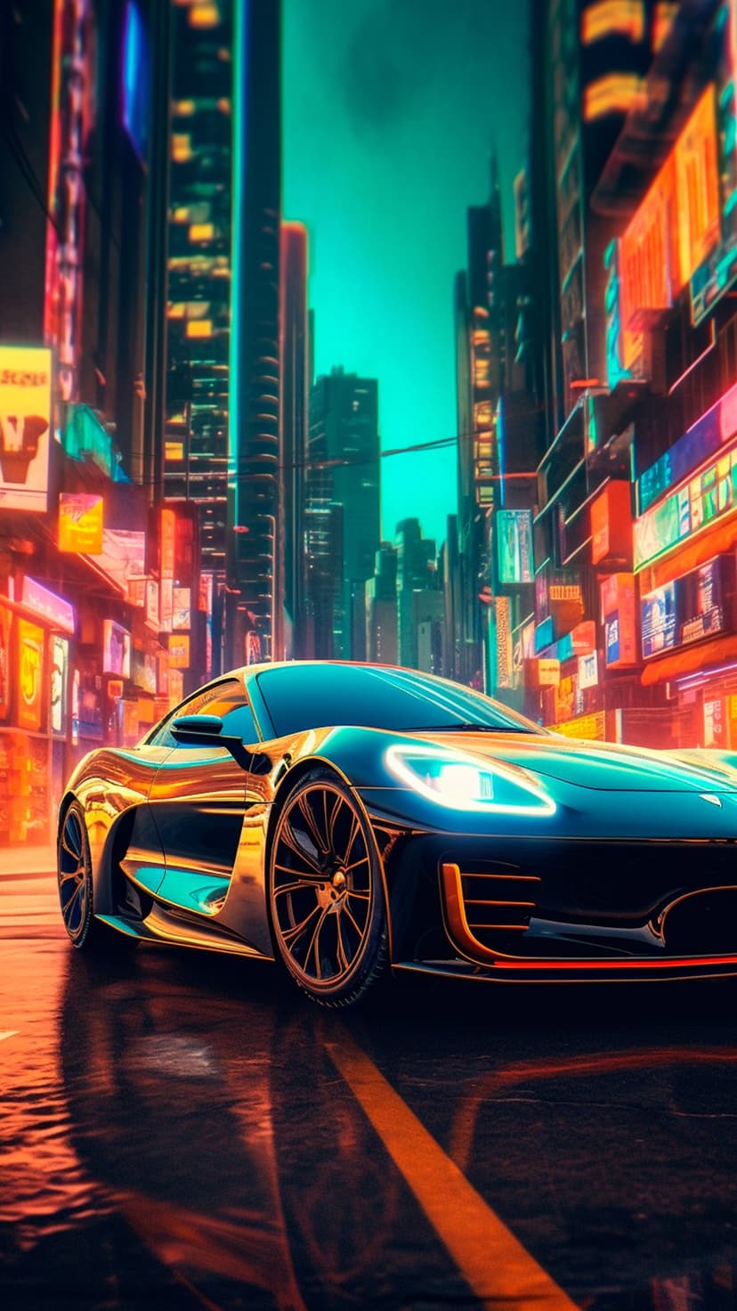 Chrome and blue sports car driving on wet city streets reflecting bright pink and violet neon lights.