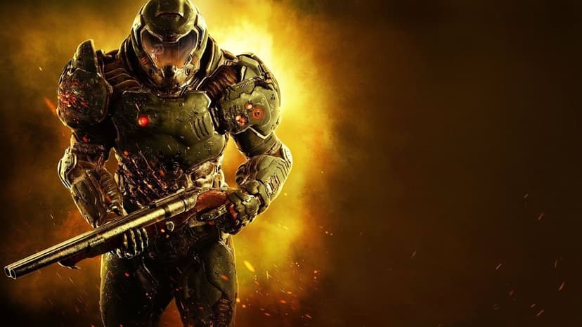 Armored Doom Slayer holding a shotgun amidst glowing orange embers and smoke in a landscape gaming scene.