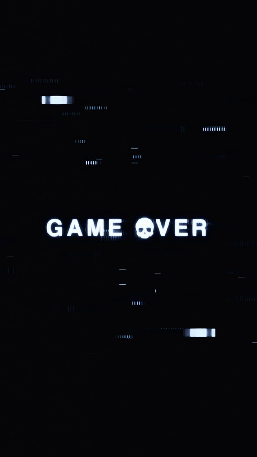 White skull icon centered above game over text with digital glitch distortion on a dark vertical background.